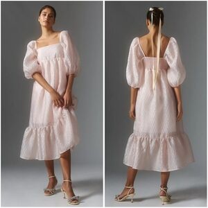 Anthropologie Textured Puff Sleeve Pink Midi Dress Medium NWT New